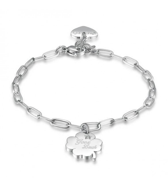 Bracciale Donna Gioielli Sagapò Be My Always in acciaio 316L con Quadrifoglio cristallo bianco e incisione Good Luck sbm57