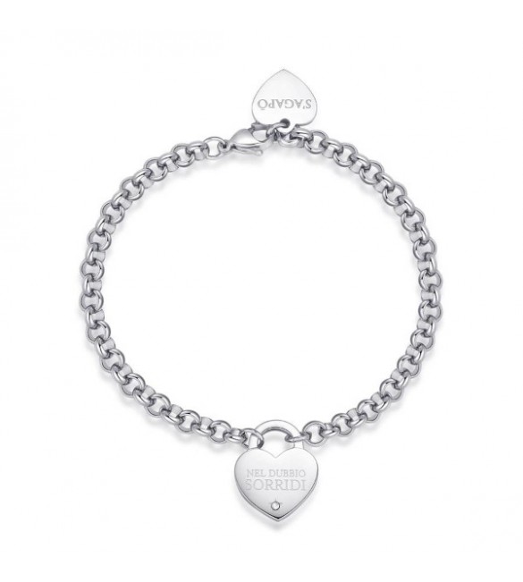 Bracciale Donna Gioielli Sagapò Be My Always in acciaio con Cuore cristallo e incisione Nel Dubbio Sorridi sbm79