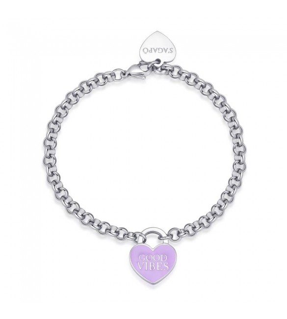 Bracciale Donna Gioielli Sagapò Be My Always in acciaio con Cuore smalto Rosa e incisione Good Vibes sbm89