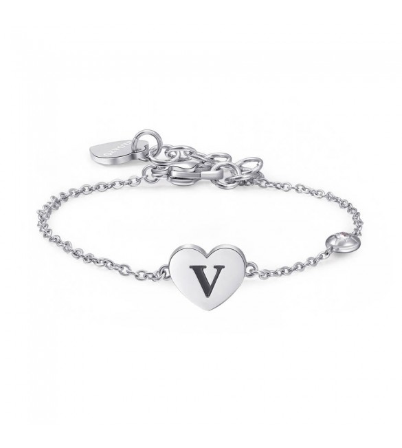 Bracciale Donna Gioielli Sagapò Click in acciaio con Cuore e iniziale V sck138