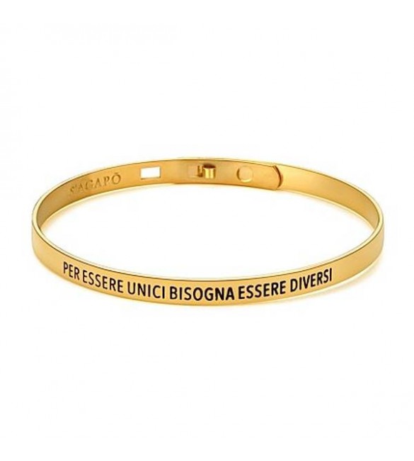 Bracciale Donna Gioielli Sagapò Happy rigido in acciaio 316L pvd oro con scritta Per essere unici bisogna essere diversi shae08