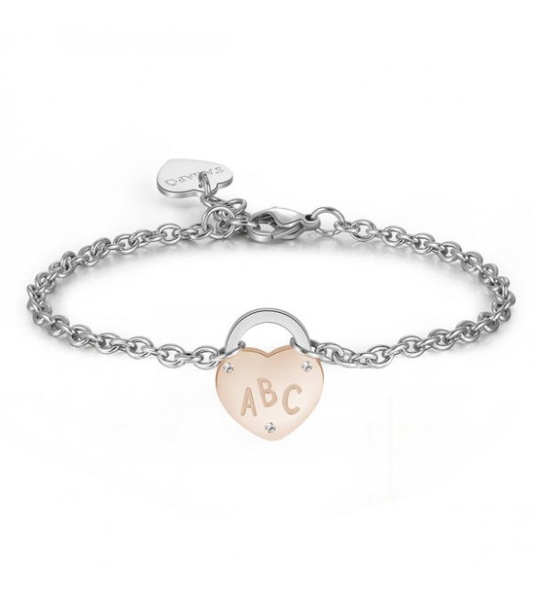 Bracciale Donna Gioielli Sagapò Lockme in acciaio e pvd oro rosa con cuore con scritta La mia maestra preferita e cristalli bian