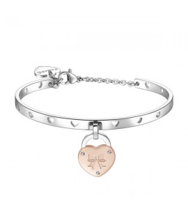 Bracciale Rigido Donna Gioielli Sagapò Lockme in acciaio e pvd oro rosa con cuore con scritta L\'amore è ....la prima volta che 
