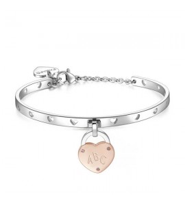Bracciale Rigido Donna Gioielli Sagapò Lockme in acciaio e pvd oro rosa con cuore con scritta La mia maestra preferita e cristal