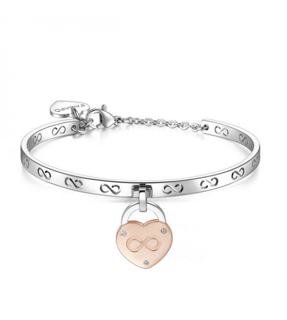 Bracciale Rigido Donna Gioielli Sagapò Lockme in acciaio e pvd oro rosa con cuore con scritta La zia migliore del mondo e crista