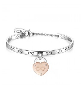Bracciale Rigido Donna Gioielli Sagapò Lockme in acciaio e pvd oro rosa con cuore con scritta La zia migliore del mondo e crista