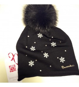 Cappello Cuffia Donna Braccialini Tessuto con Fiocchi di Neve pon pon colore nero br84007 bclw19
