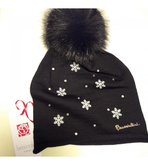 Cappello Cuffia Donna Braccialini Tessuto con Fiocchi di Neve pon pon colore nero br84007 bclw19