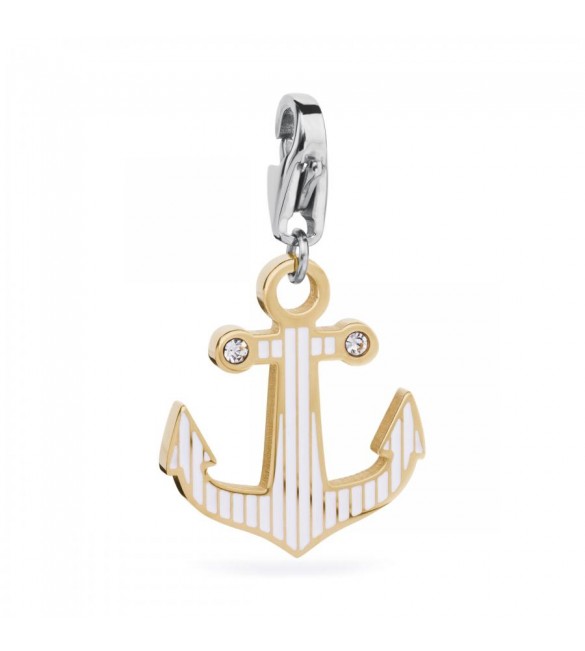 Charm donna gioielli Sagapò Happy in acciaio 316L pvd oro Ancora smalto bianco cristalli bianchi sha148