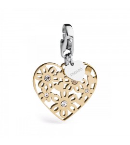 Charm donna gioielli Sagapò Happy in acciaio 316L pvd oro Cuore Fiori cristalli bianchi sha155