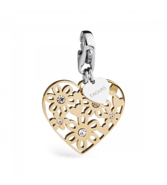 Charm donna gioielli Sagapò Happy in acciaio 316L pvd oro Cuore Fiori cristalli bianchi sha155