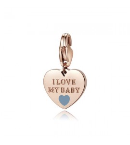 Charm donna gioielli Sagapò Happy in acciaio 316L pvd oro rosa Cuore con I Love My Baby e smalto azzurro sha333