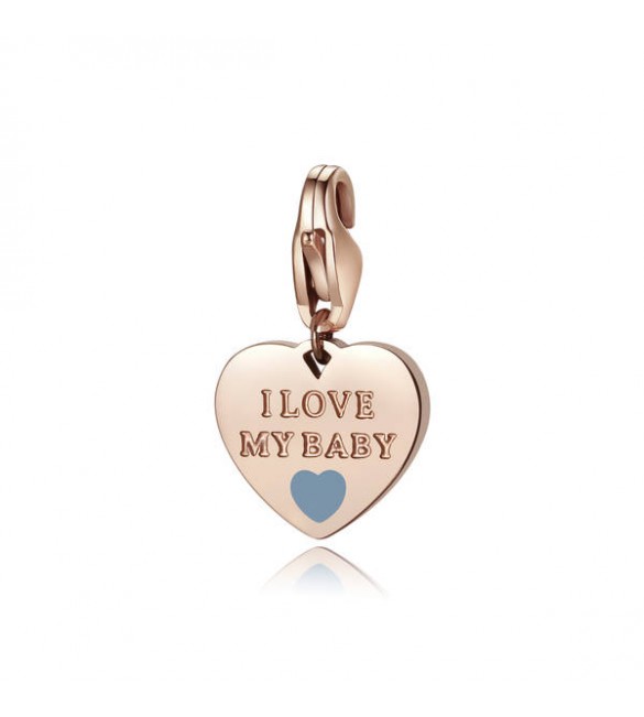 Charm donna gioielli Sagapò Happy in acciaio 316L pvd oro rosa Cuore con I Love My Baby e smalto azzurro sha333