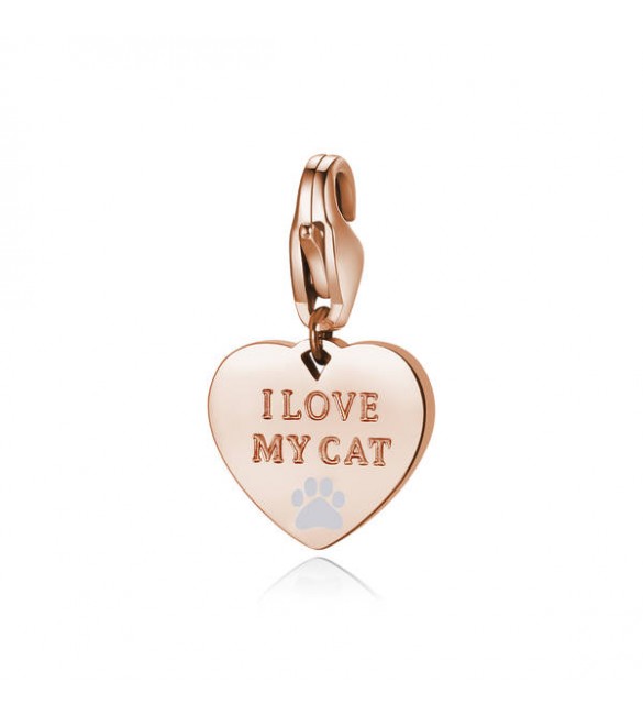 Charm donna gioielli Sagapò Happy in acciaio 316L pvd oro rosa Cuore con I Love My Cat e smalto bianco sha341