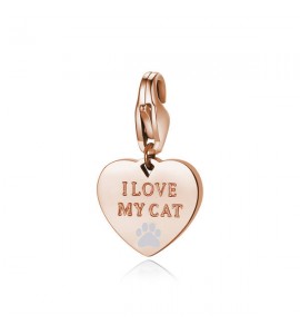 Charm donna gioielli Sagapò Happy in acciaio 316L pvd oro rosa Cuore con I Love My Cat e smalto bianco sha341