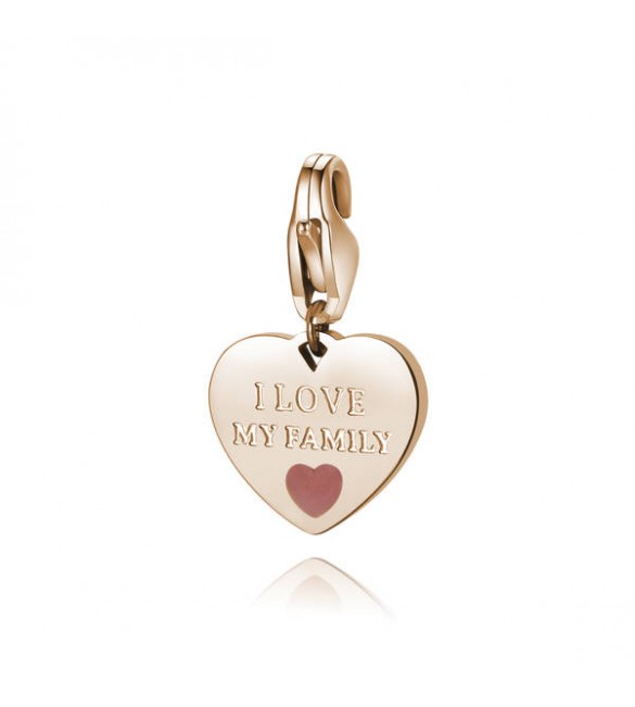 Charm donna gioielli Sagapò Happy in acciaio 316L pvd oro rosa Cuore con I Love My Family e smalto corallo sha345