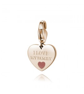 Charm donna gioielli Sagapò Happy in acciaio 316L pvd oro rosa Cuore con I Love My Family e smalto corallo sha345