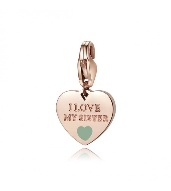 Charm donna gioielli Sagapò Happy in acciaio 316L pvd oro rosa Cuore con I Love My Sister e smalto turchese sha337