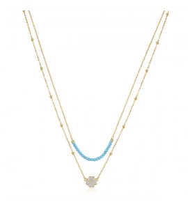Collana donna gioielli Sagapò Aurora in acciaio 316L pvd oro sfere turchese, cristalli bianchi e quadrifoglio sar03