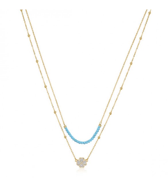 Collana donna gioielli Sagapò Aurora in acciaio 316L pvd oro sfere turchese, cristalli bianchi e quadrifoglio sar03