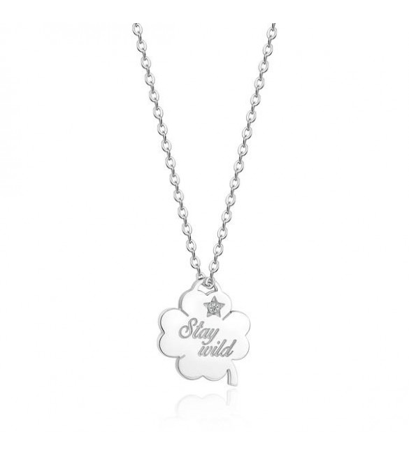 Collana donna gioielli Sagapò Be My Always in acciaio con Quadrifoglio cristallo bianco e incisione Stay Wild sbm53