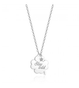 Collana donna gioielli Sagapò Be My Always in acciaio con Quadrifoglio cristallo bianco e incisione Stay Wild sbm53