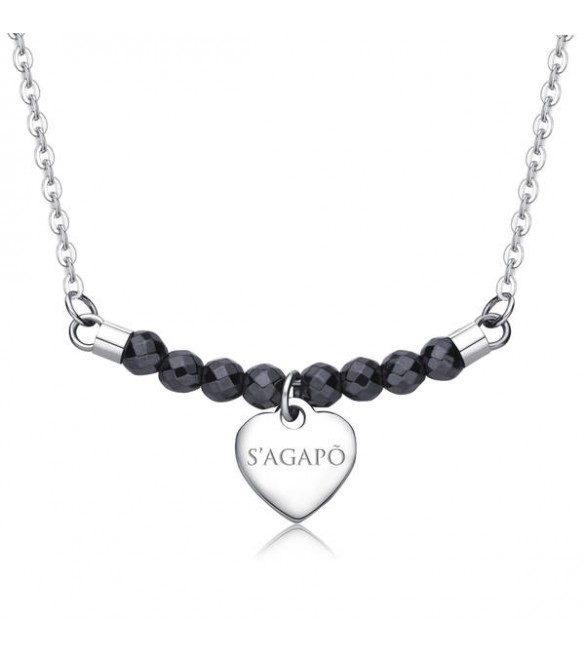 Collana donna gioielli Sagapò Happy in acciaio 316L con Cuore e Ematite personalizzabile con charms shac14