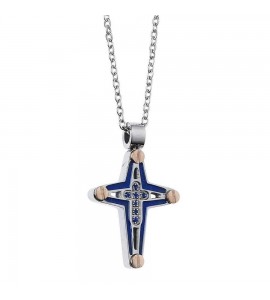 Collana uomo gioielli boccadamo Man in acciaio 316L con crocefisso in Pvd blu e zirconi agr168b