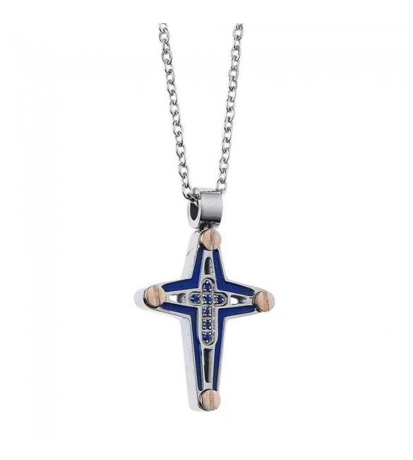 Collana uomo gioielli boccadamo Man in acciaio 316L con crocefisso in Pvd blu e zirconi agr168b