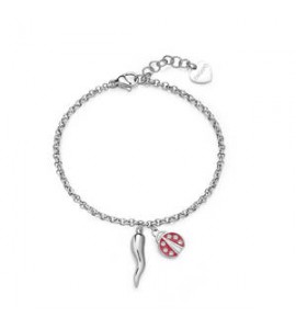 Bracciale Gioielli Sagapò Feelings in acciaio con coccinella smalto rosso e cornetto sfe17