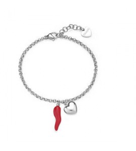 Bracciale Gioielli Sagapò Feelings in acciaio con cuore e cornetto smalto rosso sfe16