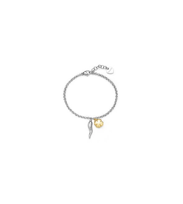 Bracciale Gioielli Sagapò Feelings in acciaio con quadrifoglio dorato e cornetto sfe18