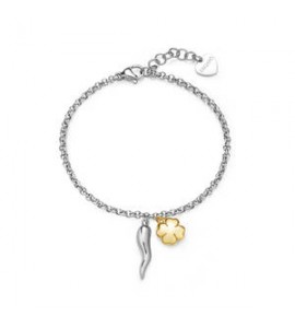 Bracciale Gioielli Sagapò Feelings in acciaio con quadrifoglio dorato e cornetto sfe18