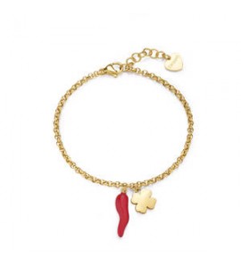 Bracciale Gioielli Sagapò Feelings in acciaio dorato con quadrifoglio e cornetto con smalto rosso sfe19