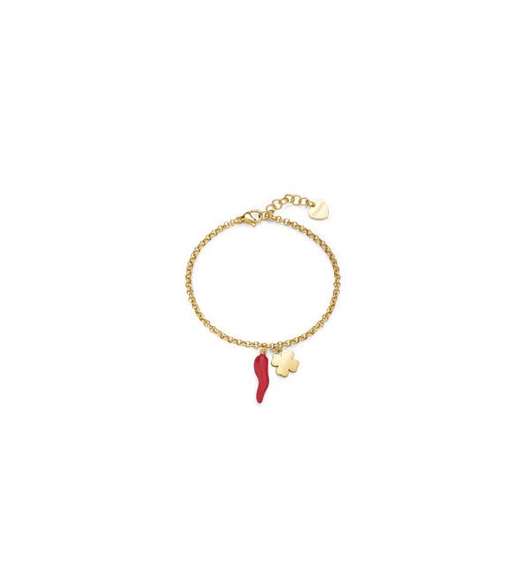 Bracciale Gioielli Sagapò Feelings in acciaio dorato con quadrifoglio e cornetto con smalto rosso sfe19