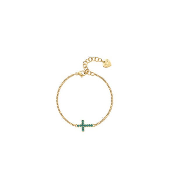 Bracciale Donna Gioielli Sagapò Dazzly in acciaio dorato con croce con cristalli verdi sdz77