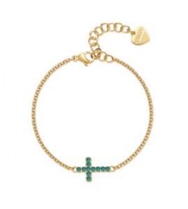 Bracciale Donna Gioielli Sagapò Dazzly in acciaio dorato con croce con cristalli verdi sdz77