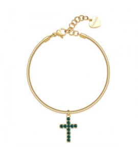 Bracciale Donna Gioielli Sagapò Dazzly in acciaio dorato con croce con cristalli verdi sdz81