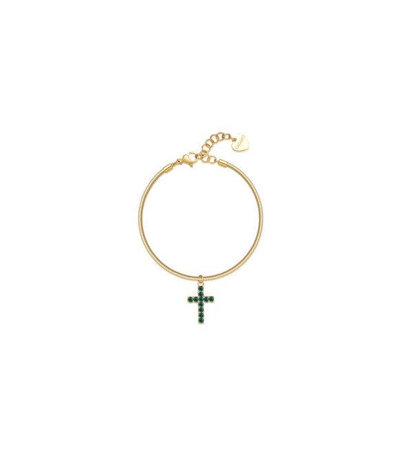Bracciale Donna Gioielli Sagapò Dazzly in acciaio dorato con croce con cristalli verdi sdz81