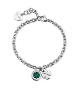 Bracciale Donna Gioielli S\'Agapò Lucky Light in acciaio con quadrifoglio e cristallo verde smeraldo SKT59