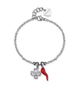 Bracciale Gioielli S\'Agapò Feelings in acciaio con quadrifoglio e cornetto rosso sfe59