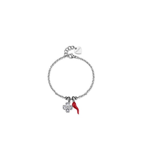 Bracciale Gioielli S\'Agapò Feelings in acciaio con quadrifoglio e cornetto rosso sfe59