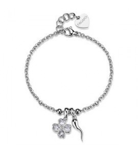 Bracciale Gioielli S\'Agapò Feelings in acciaio con quadrifoglio e cornetto sfe58