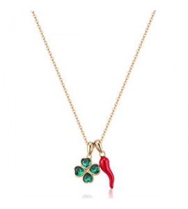 Collana Gioielli S\'Agapò Feelings in acciaio dorato con quadrifoglio e cornetto rosso sfe55