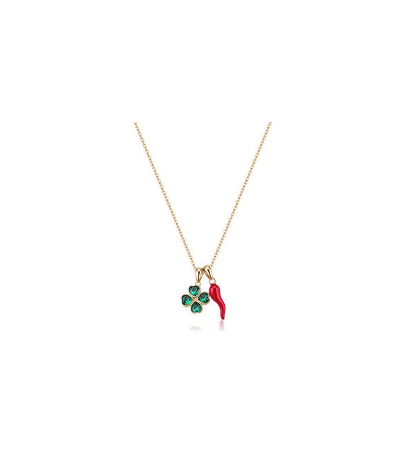 Collana Gioielli S\'Agapò Feelings in acciaio dorato con quadrifoglio e cornetto rosso sfe55